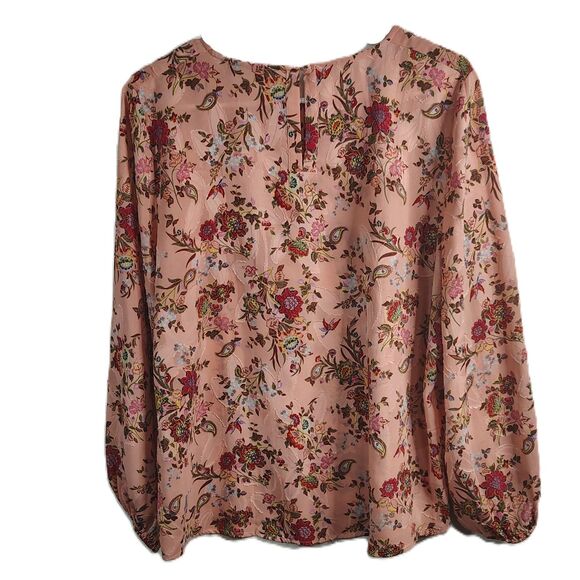 LOFT Pink Floral Paisley Boho Long Sleeve Blouse LP Large Petite Women Crewneck - Picture 4 of 6
